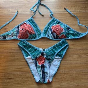 Despi Tropical Floral Bikini Set Teal Crochet Boho Resort Swim